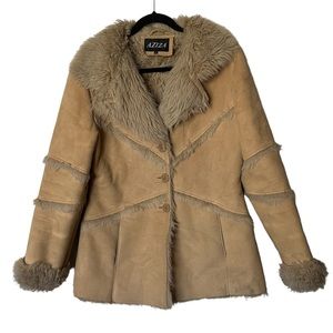 Aziza Y2K Faux Fur Suede Fur Lined Coat 3 Button Jacket Tan XL